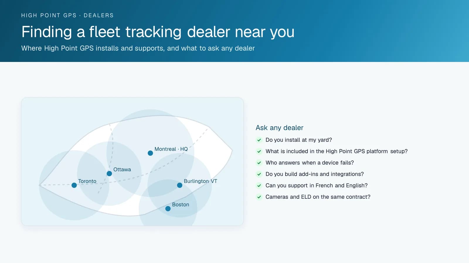 Stylized map of Montreal, Ottawa, Toronto, Burlington and Boston with service radii, beside six questions to ask any fleet tracking dealer