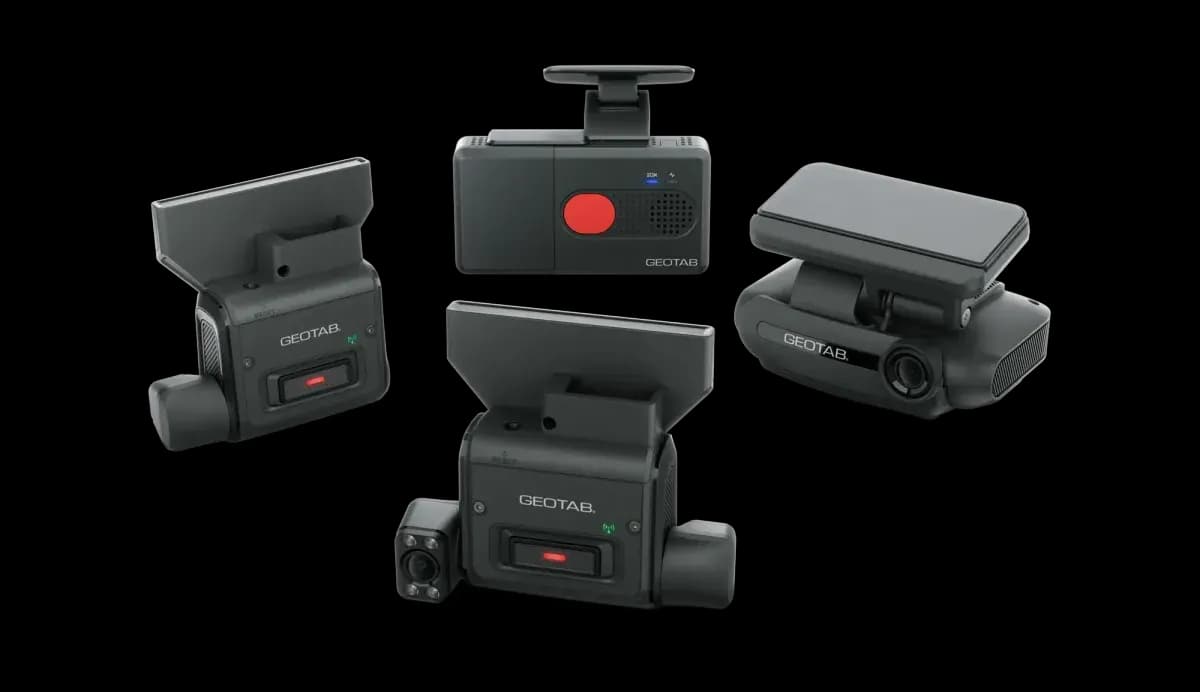 Four Geotab GO Focus dash cameras in black on a white background, one with an infrared cabin lens
