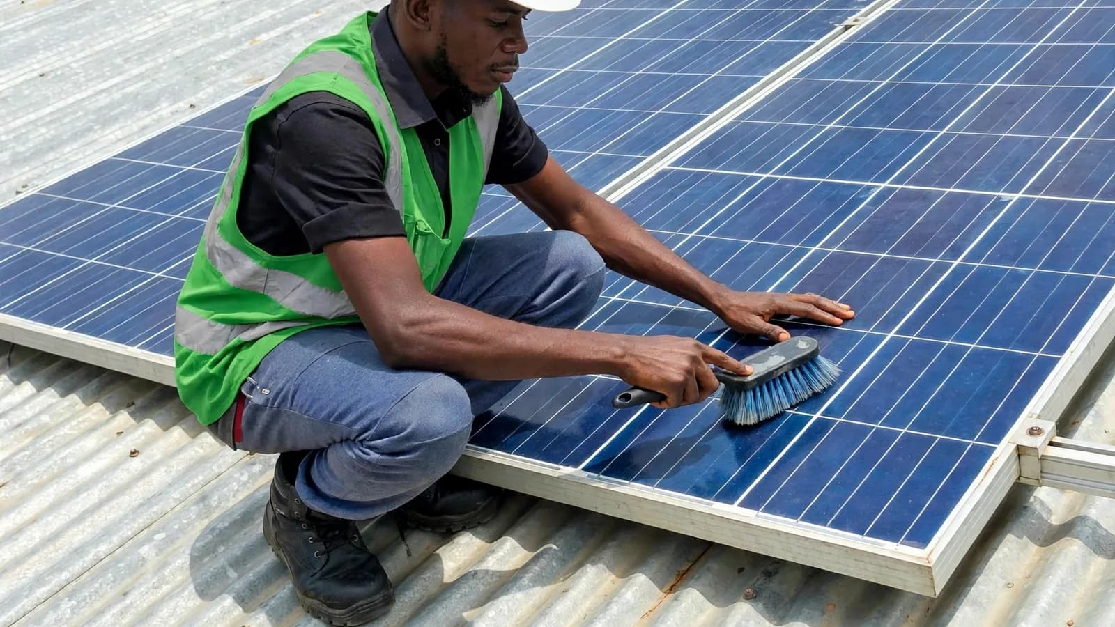 A solar installer in a safety vest kneeling on a rooftop array of panels