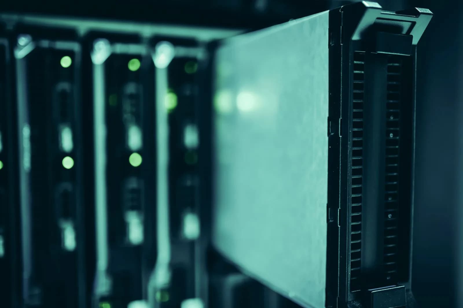Close-up of server hardware in a data center