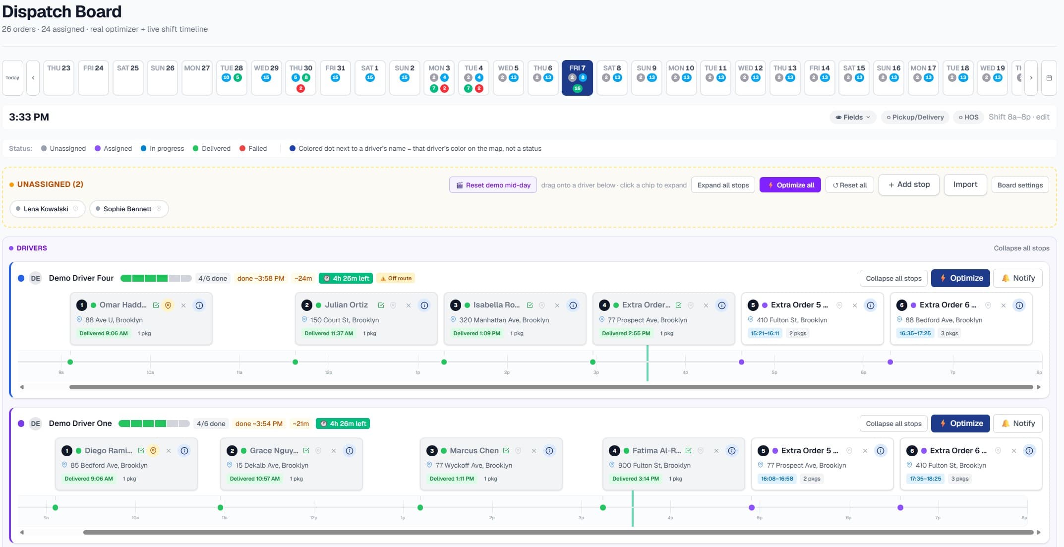 A dispatch board showing live routes, stops, and driver assignments