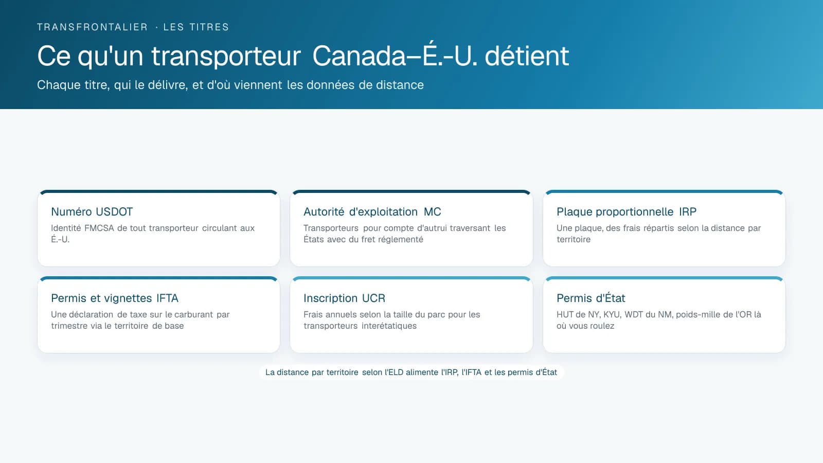 Six cartes listant les titres qu'un transporteur Canada–États-Unis détient : USDOT, autorité MC, IRP, IFTA, UCR et permis d'État