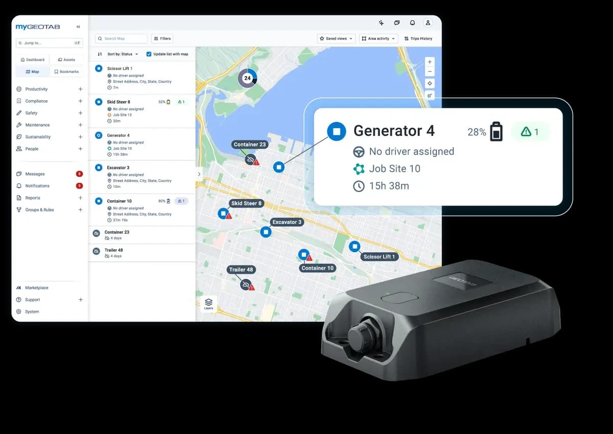 GO Anywhere Plus equipment GPS tracker in front of a fleet map on a laptop screen