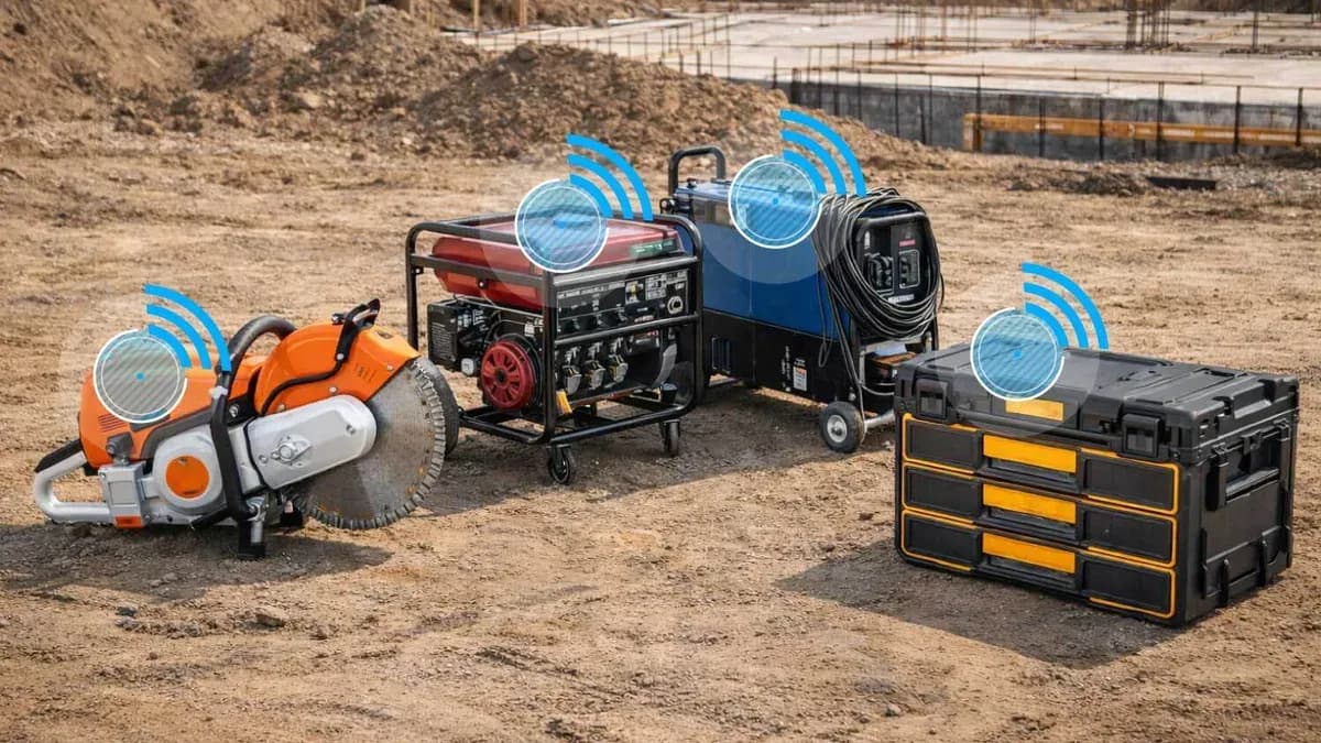 Power tools and equipment on a job site with signal icons showing Bluetooth small asset tracking