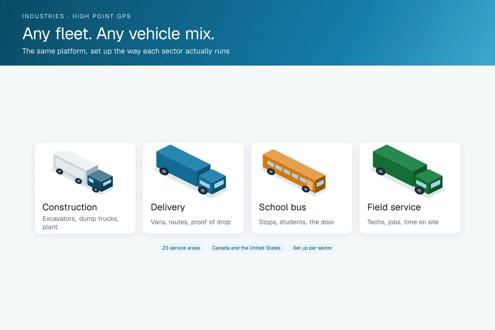 An illustration of four fleet types — construction, delivery, school bus and field service — on one platform