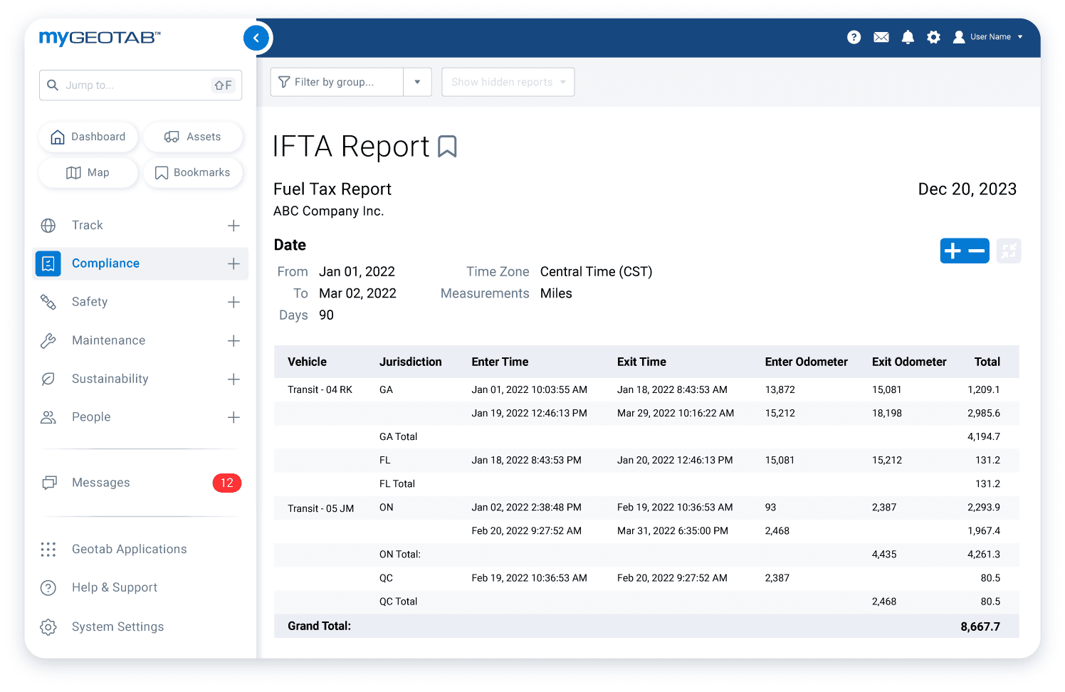A MyGeotab IFTA fuel tax report showing mileage by jurisdiction