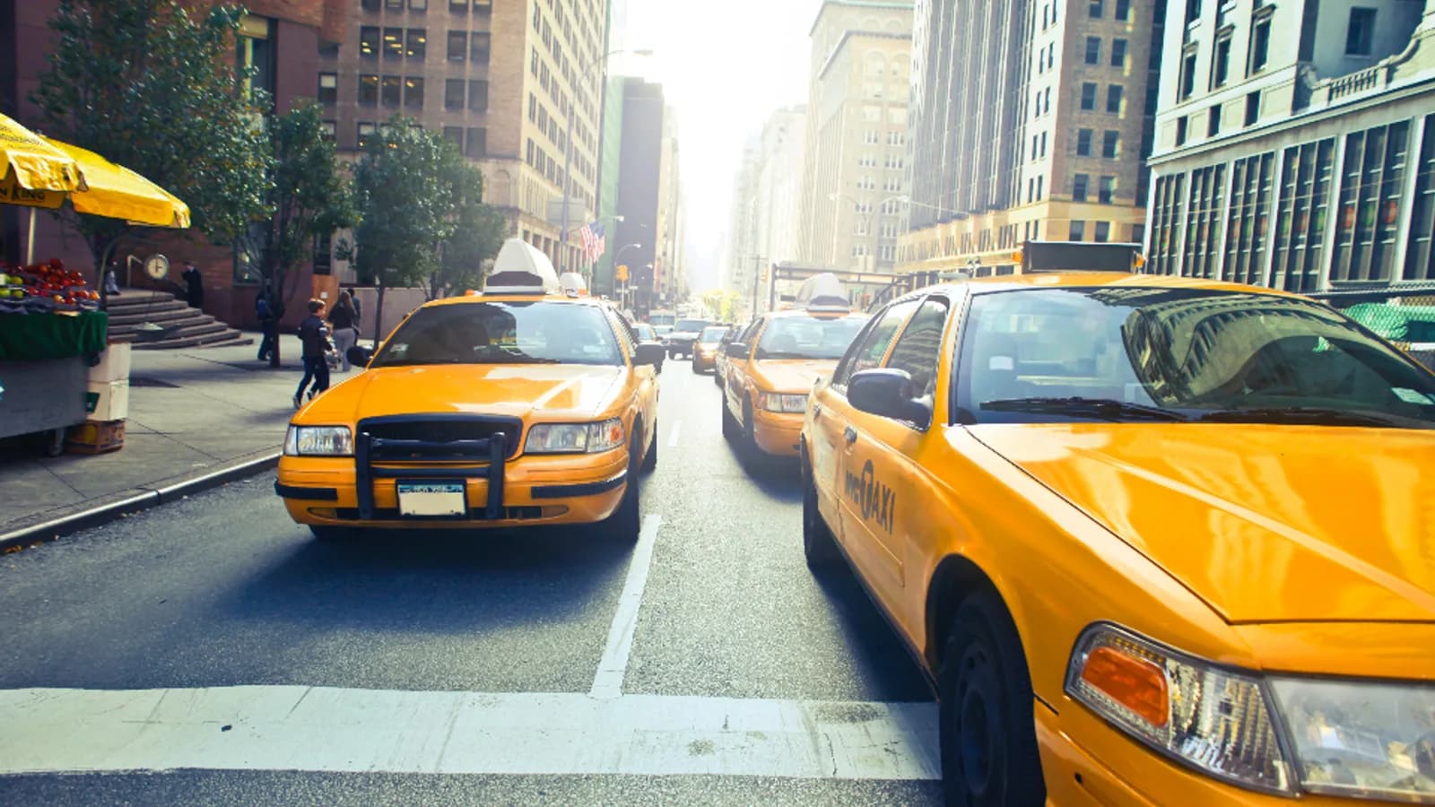 Yellow taxis in traffic on a sunlit city avenue