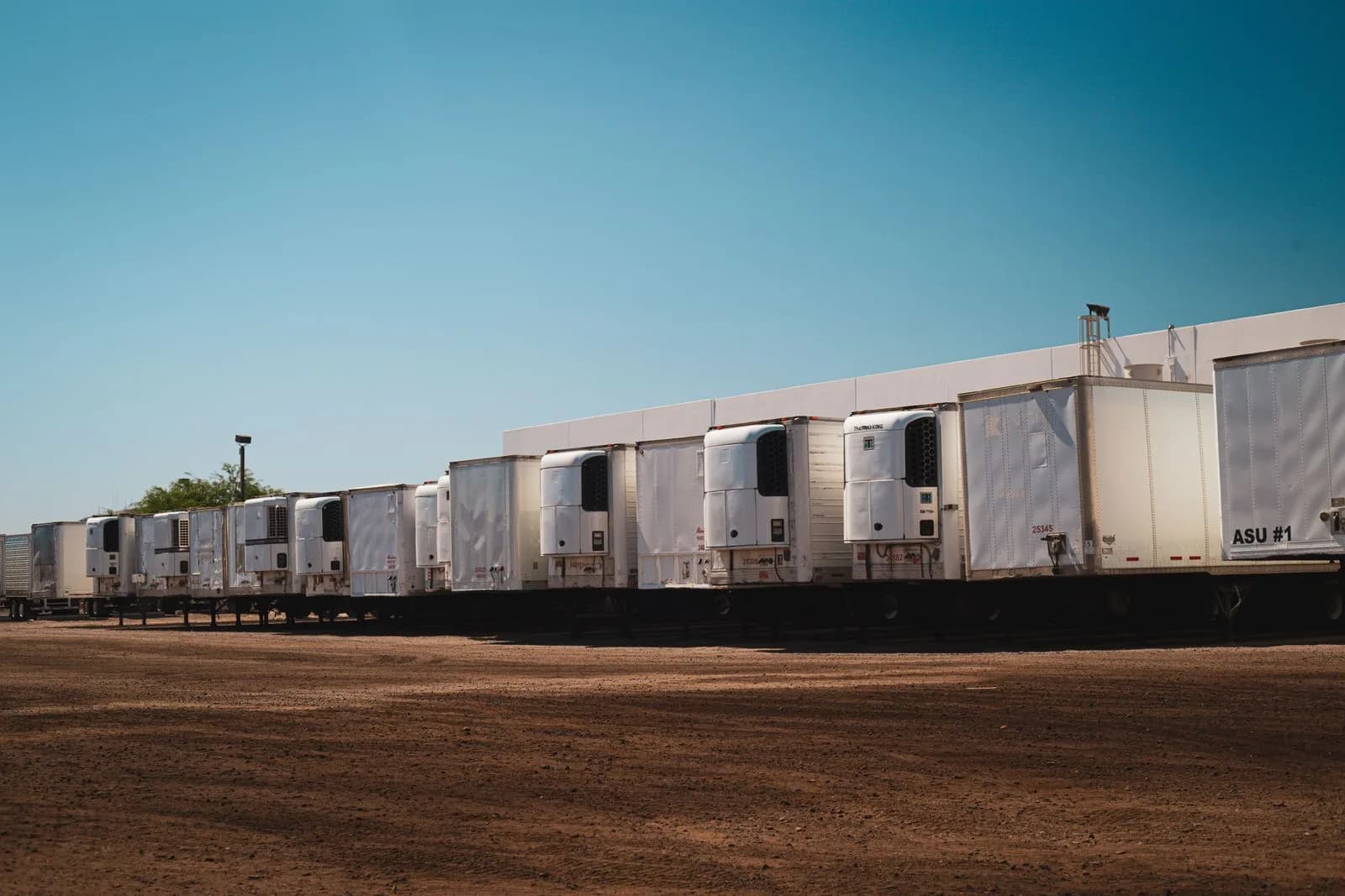 A row of refrigerated trailers parked in a distribution yard